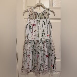 White Floral Embroidered Mesh Girls' Dress, Size 16